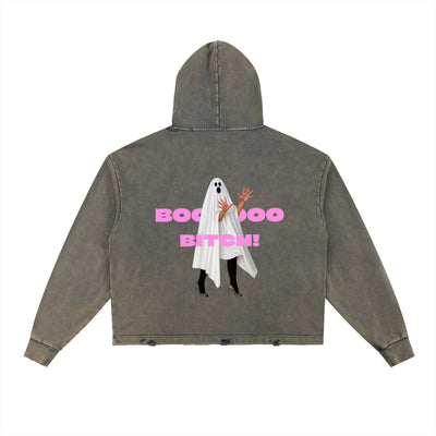 BOO BITCH Vintage Washed Frayed-Hem Hoodie