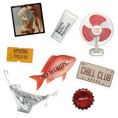 Collage of various items including a fish with 'No Words' text, a fan, and other miscellaneous objects on a white background.