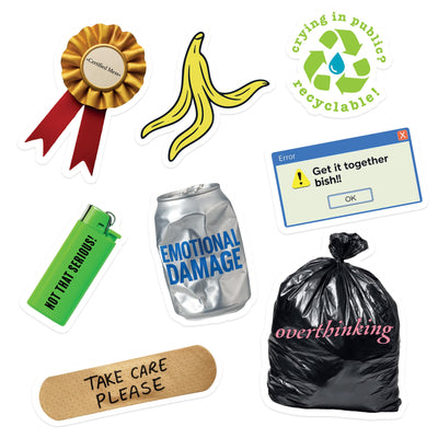 Collection of various stickers with different messages on a white background