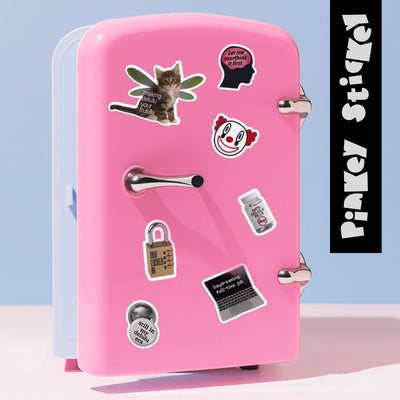 Pink mini refrigerator with various stickers on a light blue background, featuring the brand 'Pinkie Sticker'.