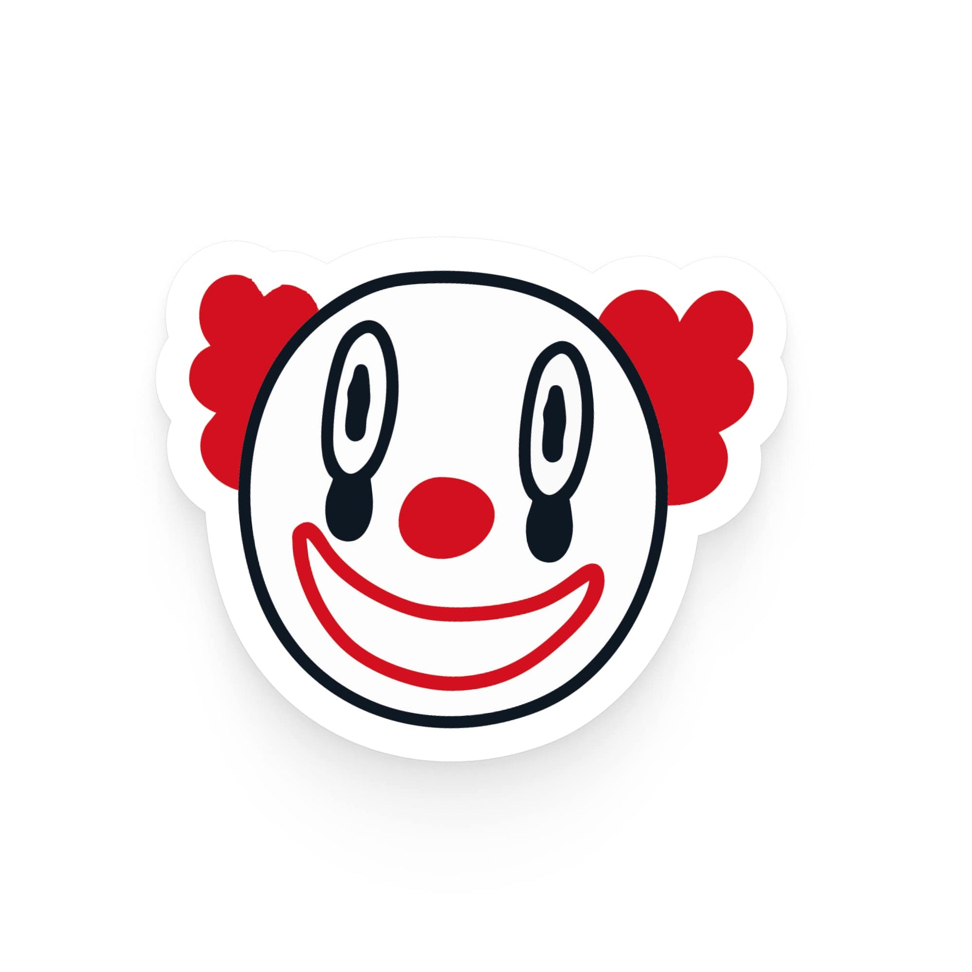 Stylized clown face with red cheeks and a red nose on a white background
