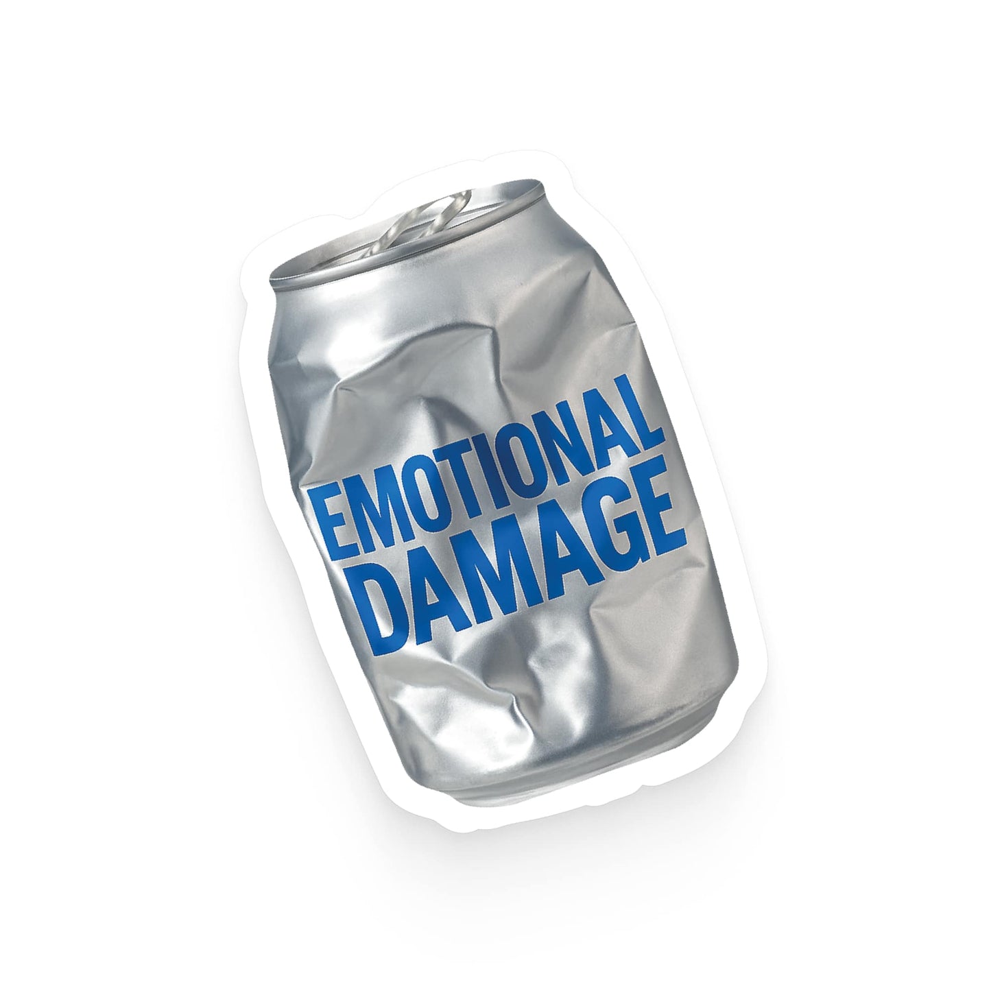 Silver can with 'EMOTIONAL DAMAGE' text on a white background