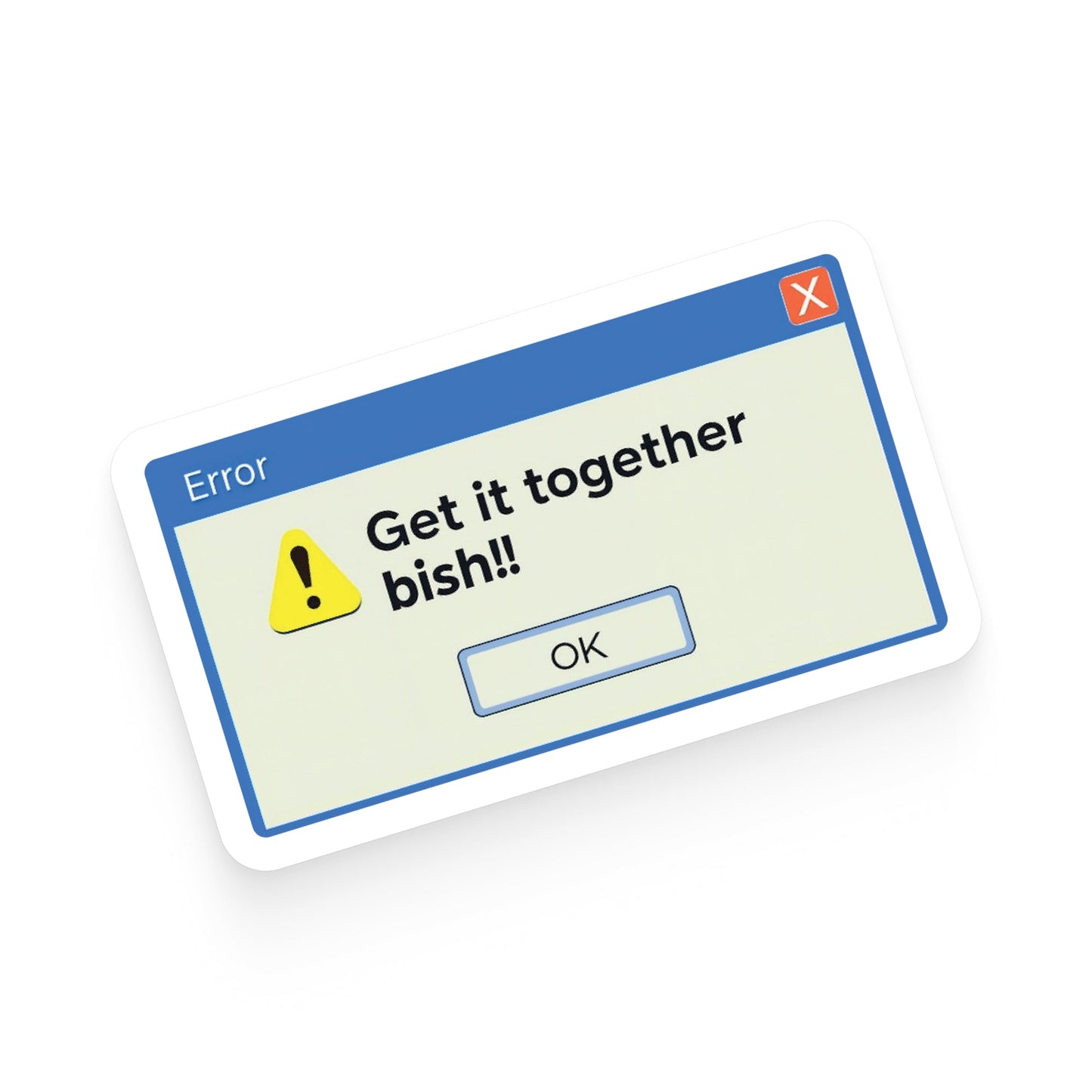 Computer error dialog box with text 'Get it together bish!!' on a white background