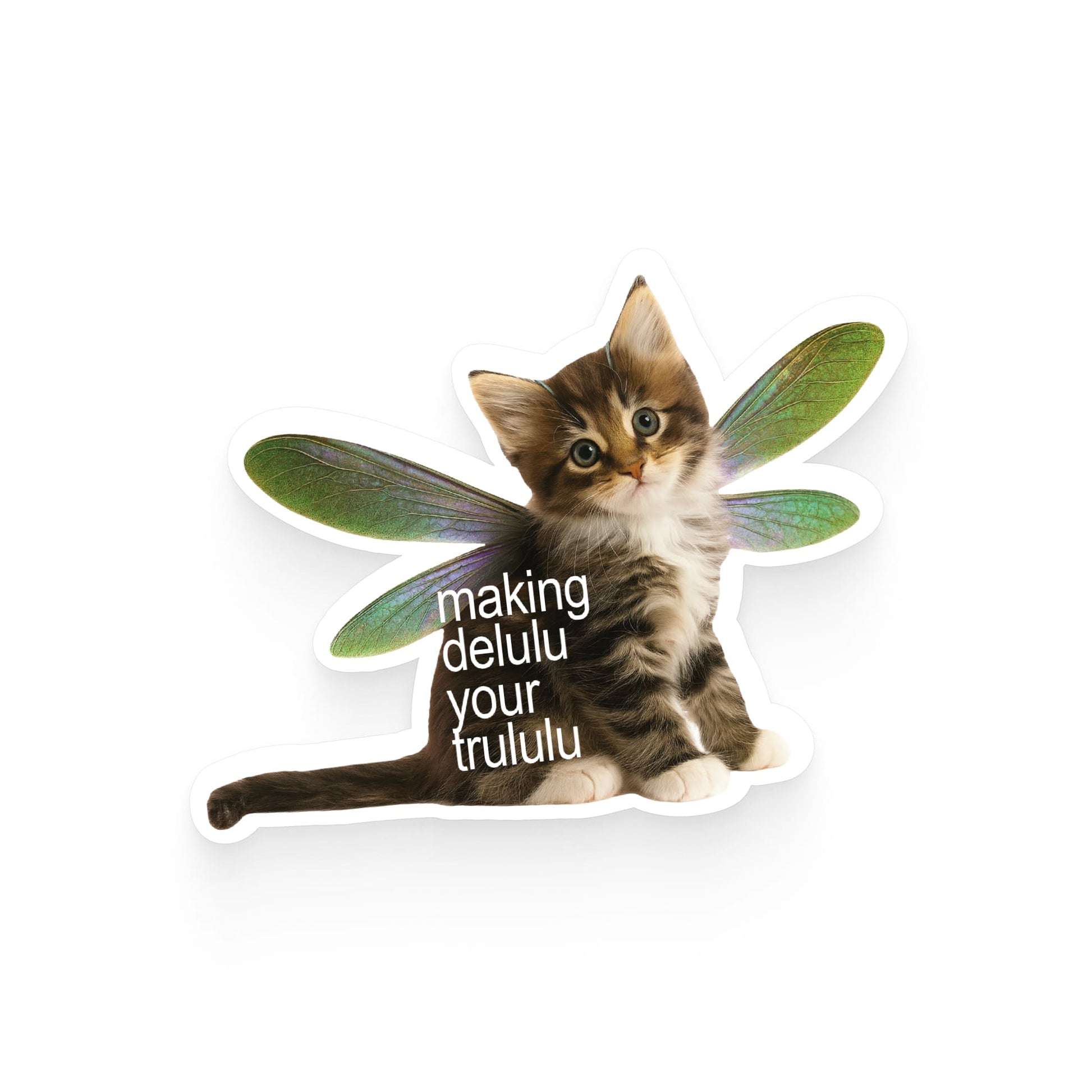 Sticker of a kitten with dragonfly wings and text on a white background