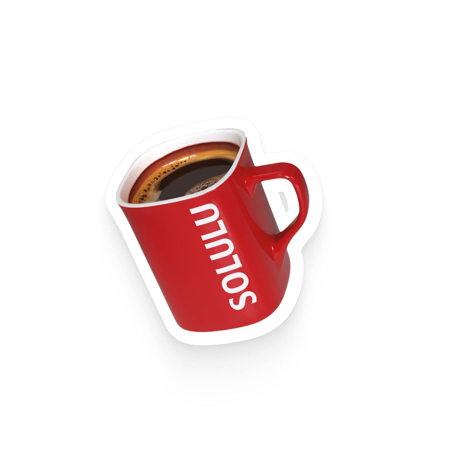 Red coffee cup-shaped object with 'Soluion' branding on a white background