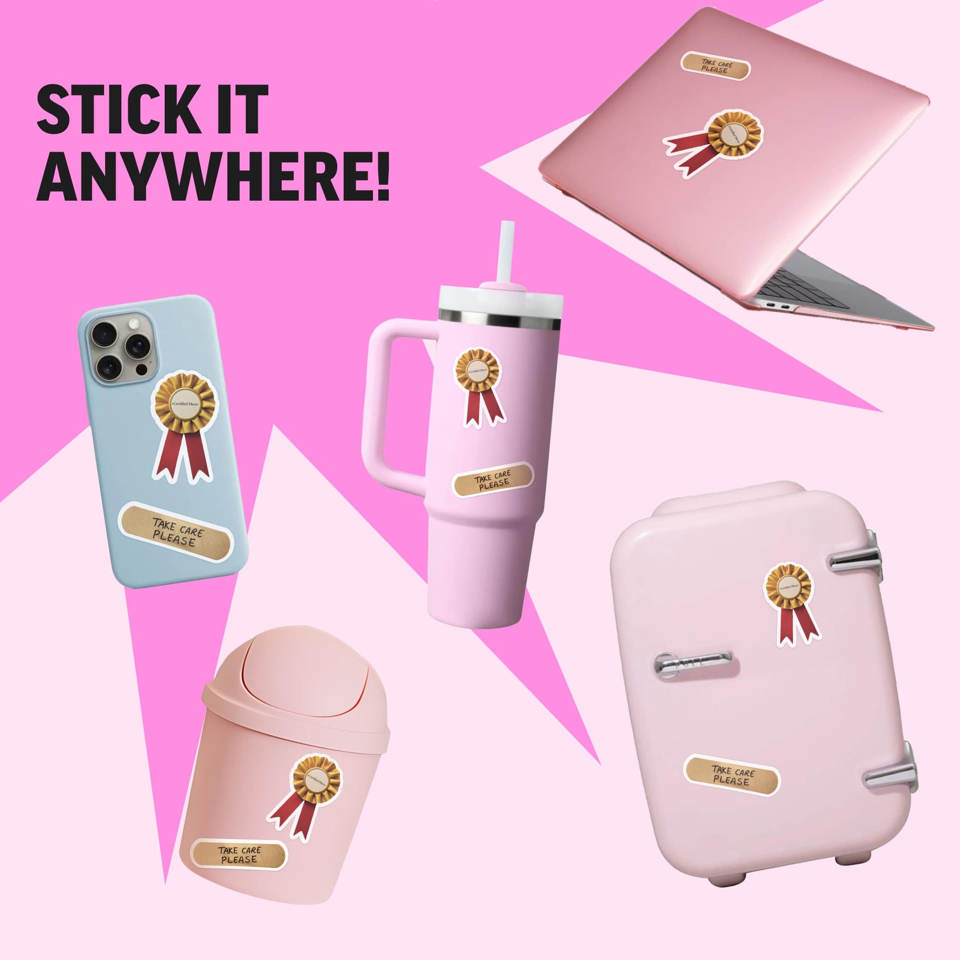 Collage of pink products with stickers on a pink background