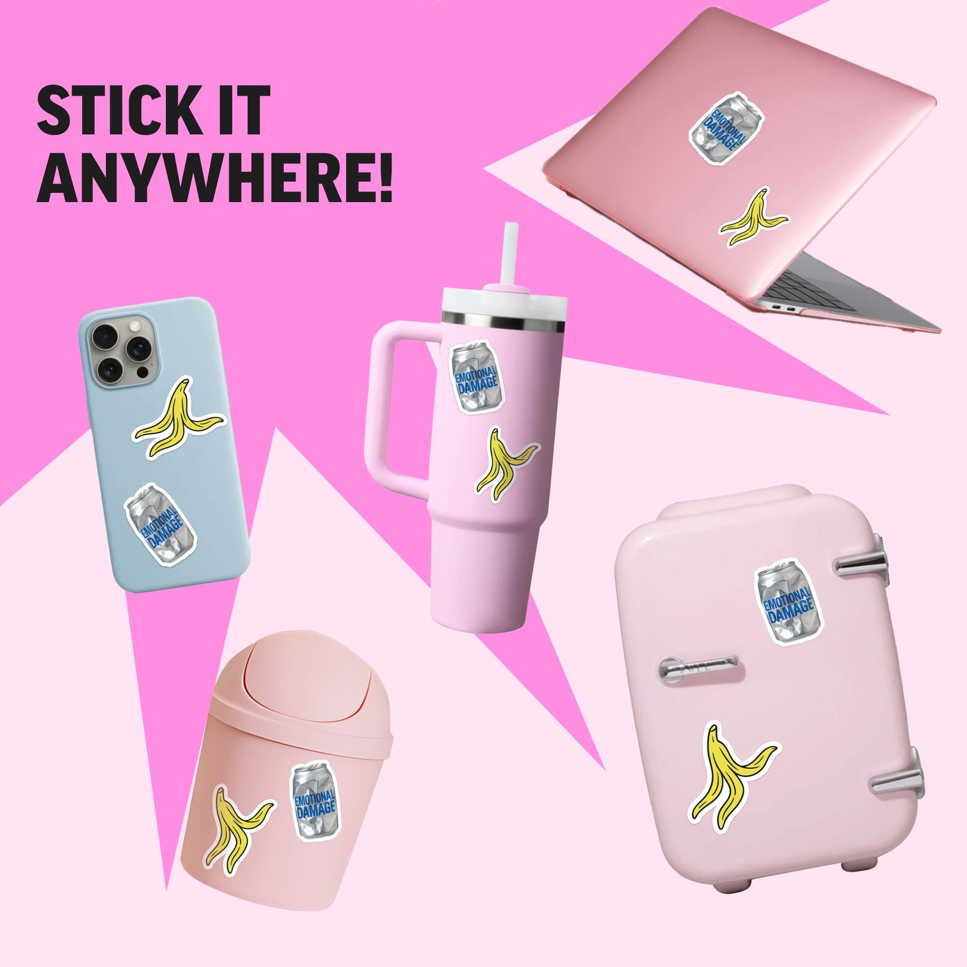 Collection of pink and blue items with stickers on a pink background