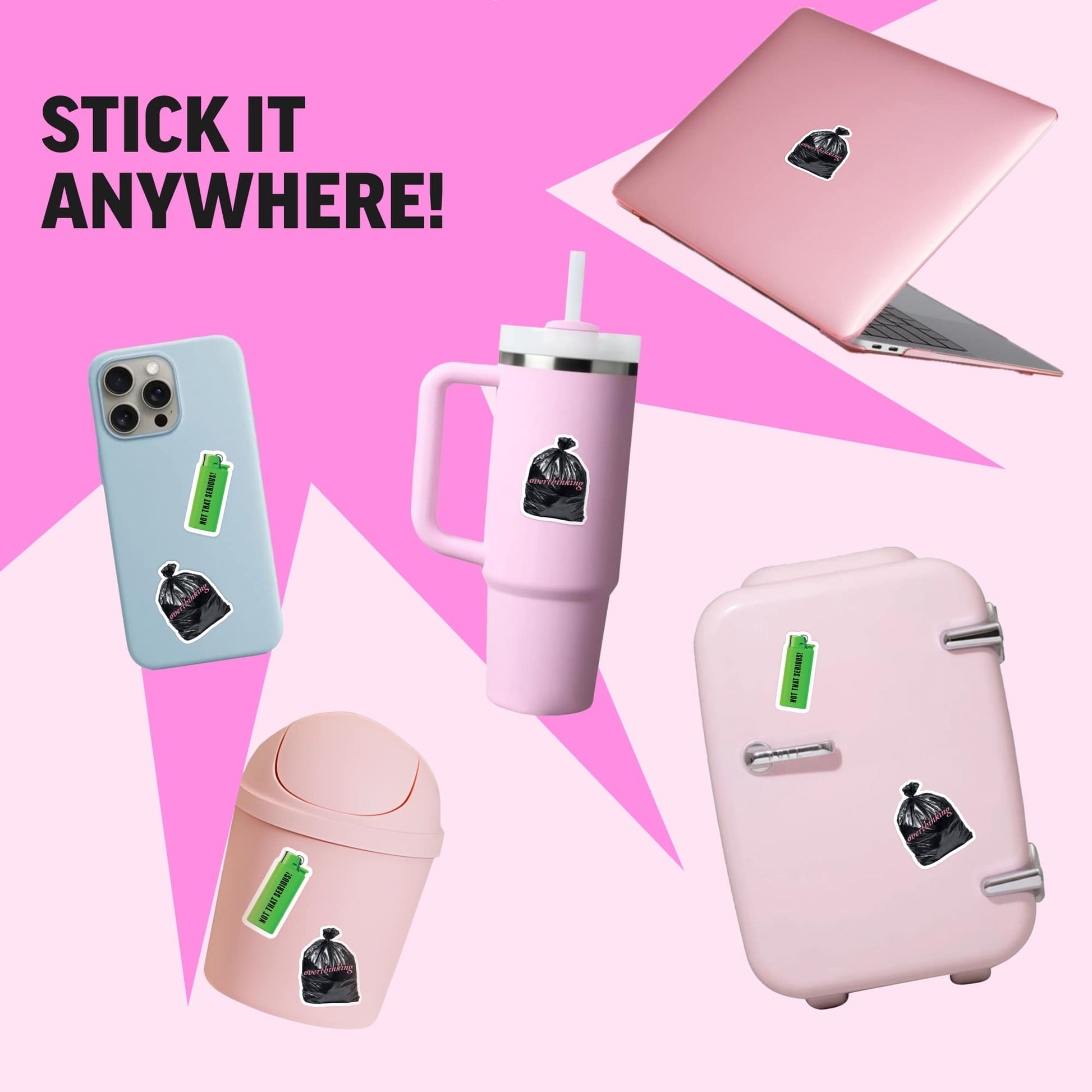 Collage of various items with stickers on a pink background, including a phone, tumbler, laptop, and suitcase.