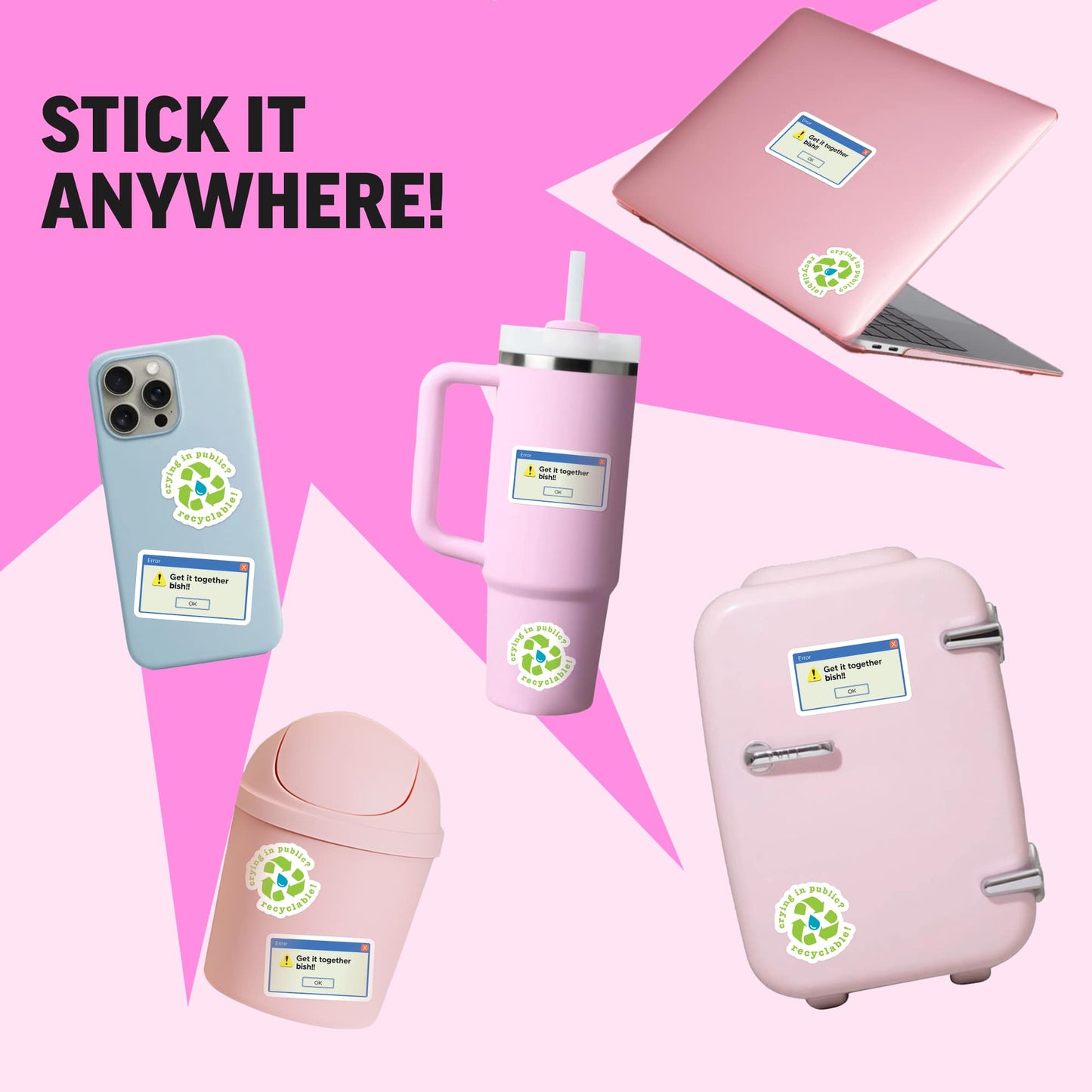 Pink laptop, phone, mug, and suitcase with recycling-themed stickers on a pink background.