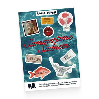 Product packaging for 'Summertime Sadness' with various graphics and text on a blue background.