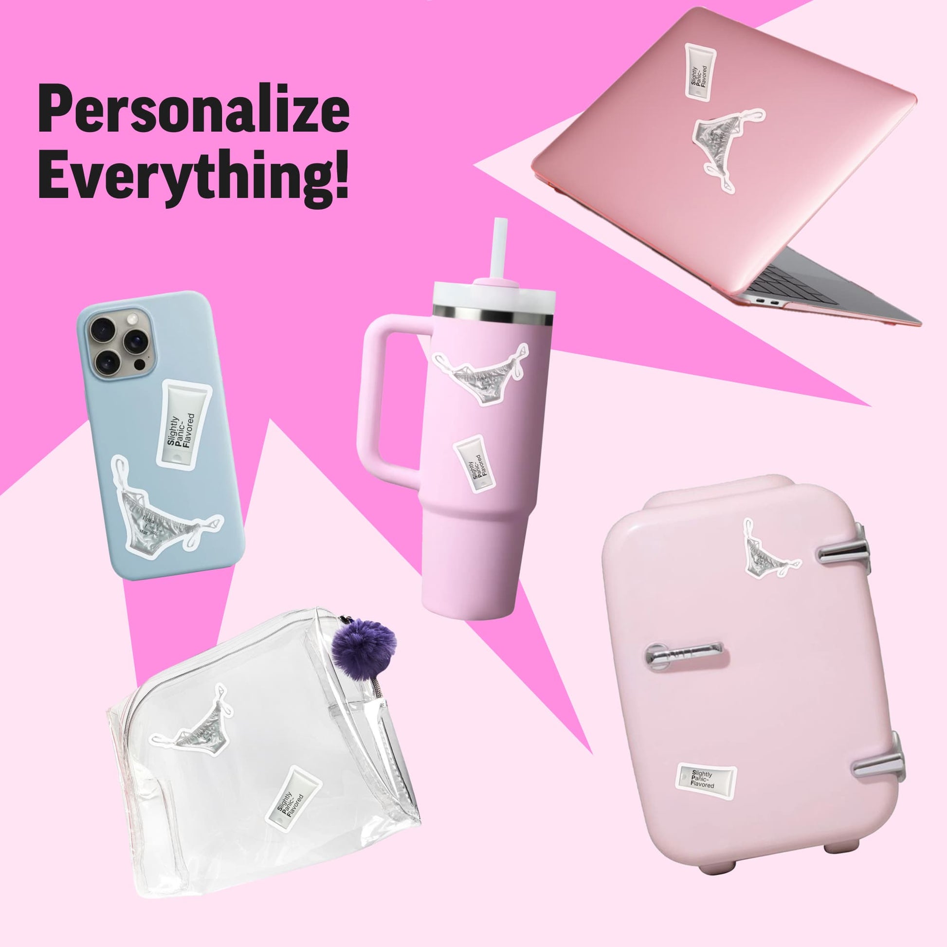 Collage of personalized items including a phone case, tumbler, laptop, suitcase, and pouch on a pink background.