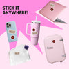 Collection of pink and clear products with 'Chill Club' stickers on a pink background.