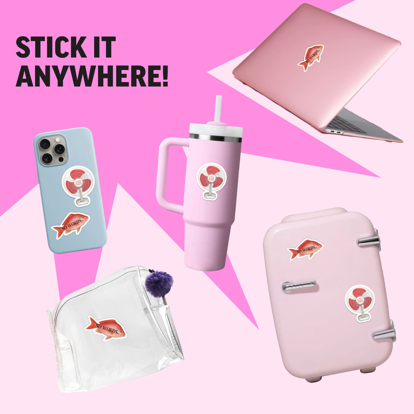 Collection of pink items with stickers on a pink background