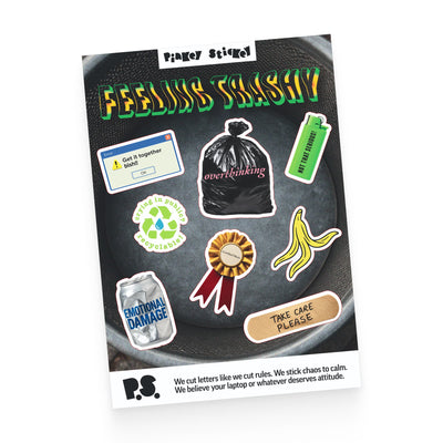 Pack of stickers with various designs on a black background, featuring the brand 'Pinker Sticker'.