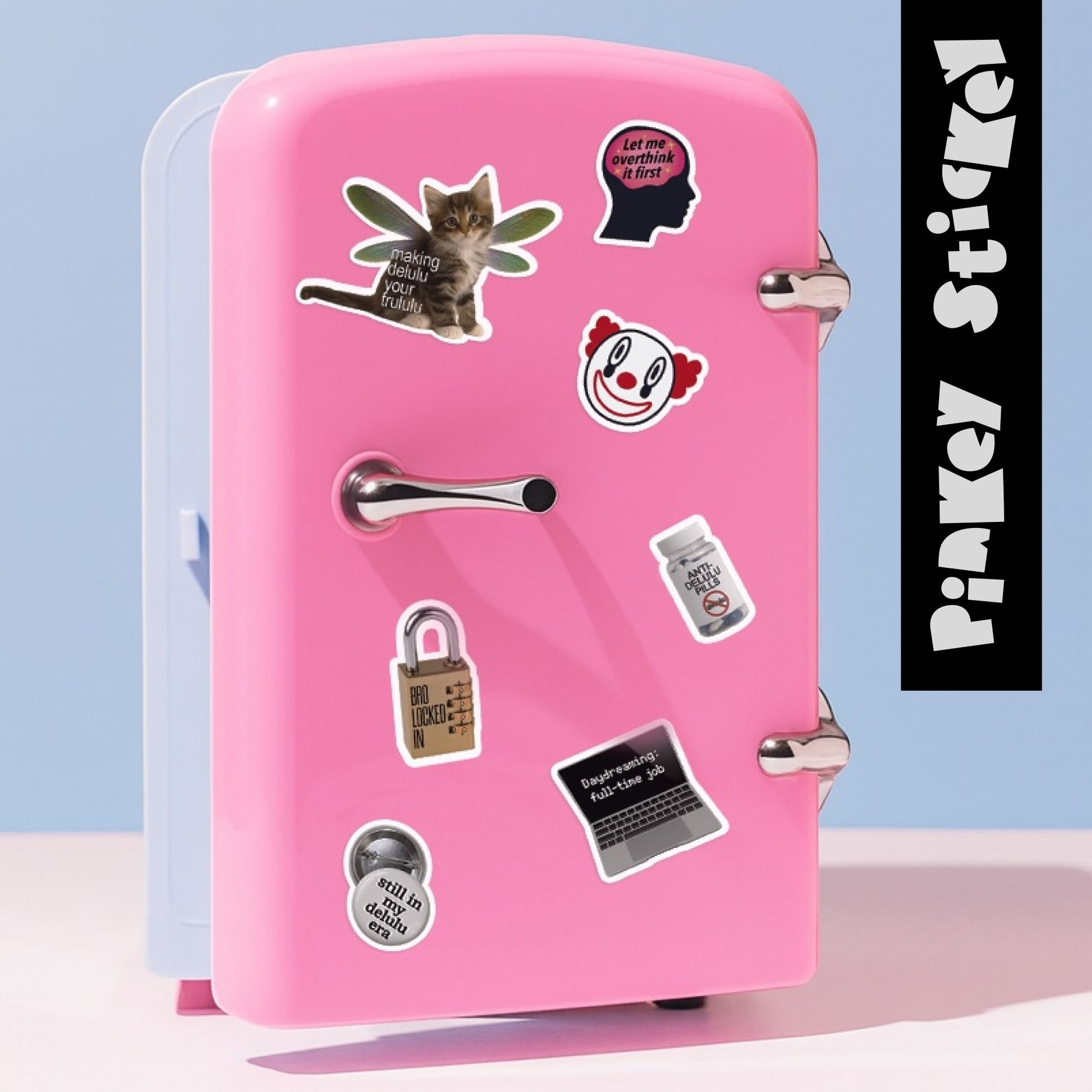 Pink mini refrigerator with various stickers on a light blue background, featuring the brand 'Pinkie Sticker'.