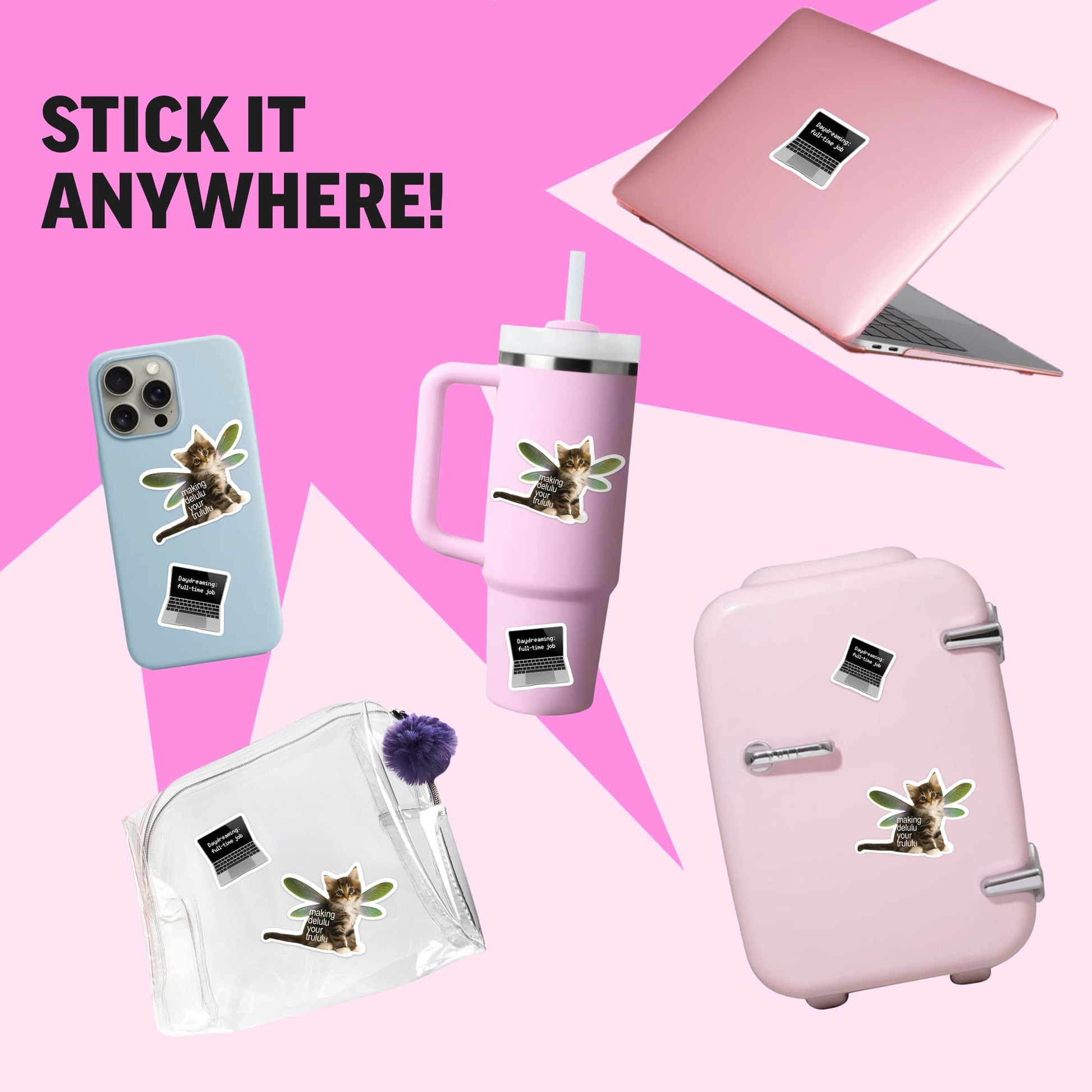 Collage of various items with stickers on a pink background, including a phone case, tumbler, laptop, suitcase, and pouch.