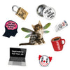 Collection of various items including a cat with wings, a laptop, a coffee cup, and other novelty products on a white background.