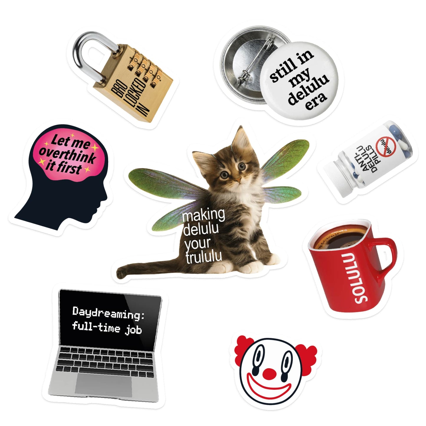 Collection of various items including a cat with wings, a laptop, a coffee cup, and other novelty products on a white background.