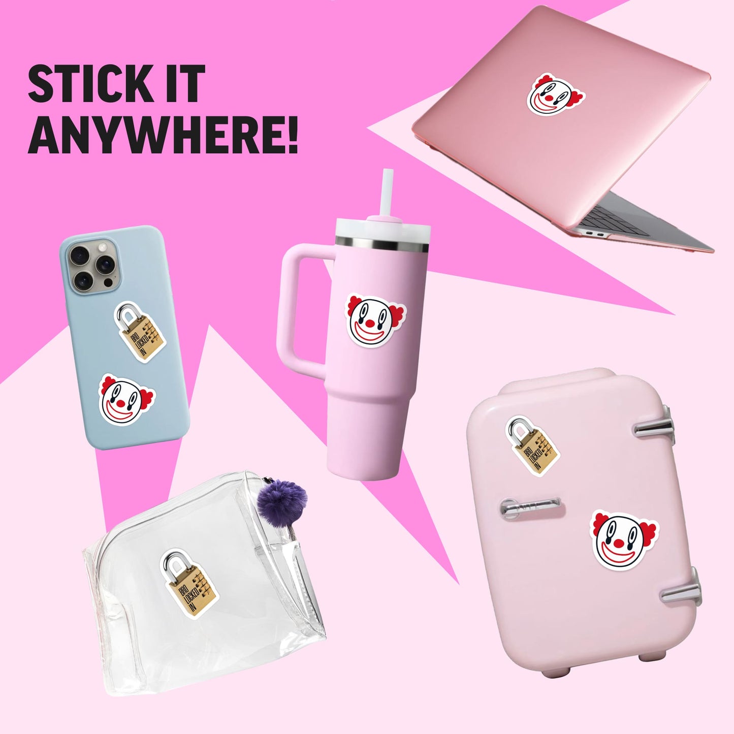 Collection of pink products with a cartoon face design on a pink background