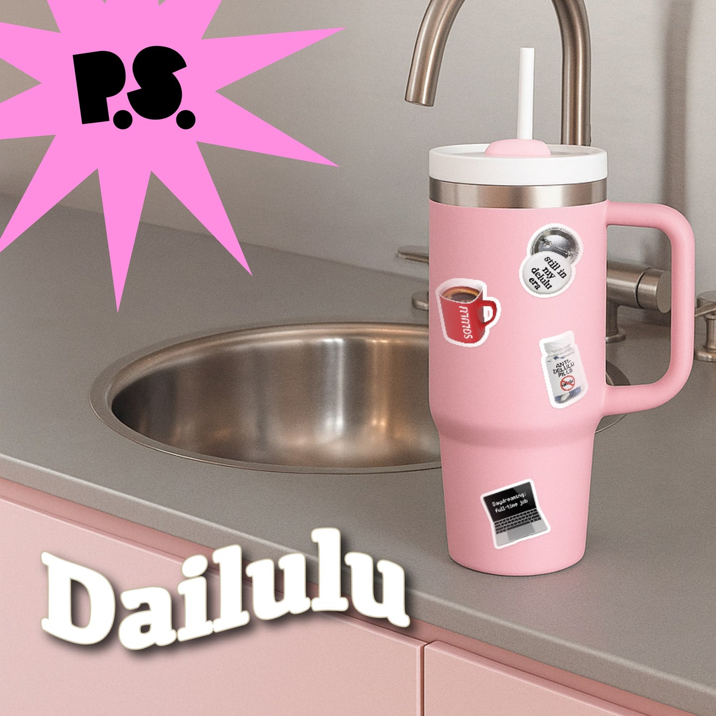 Pink tumbler with stickers on a kitchen counter, featuring the brand 'Dailulu'.