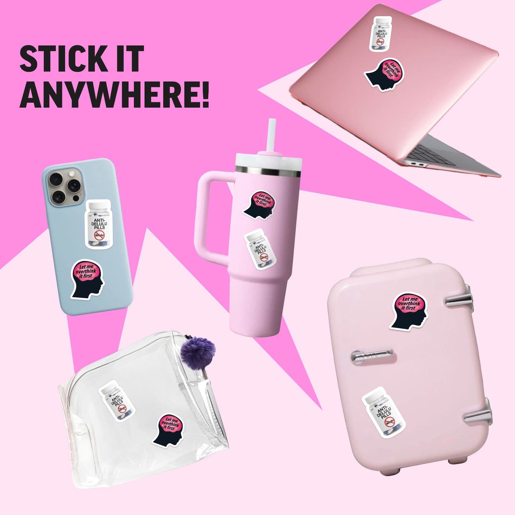 Collection of items with stickers on a pink background, including a phone, tumbler, laptop, suitcase, and pouch.